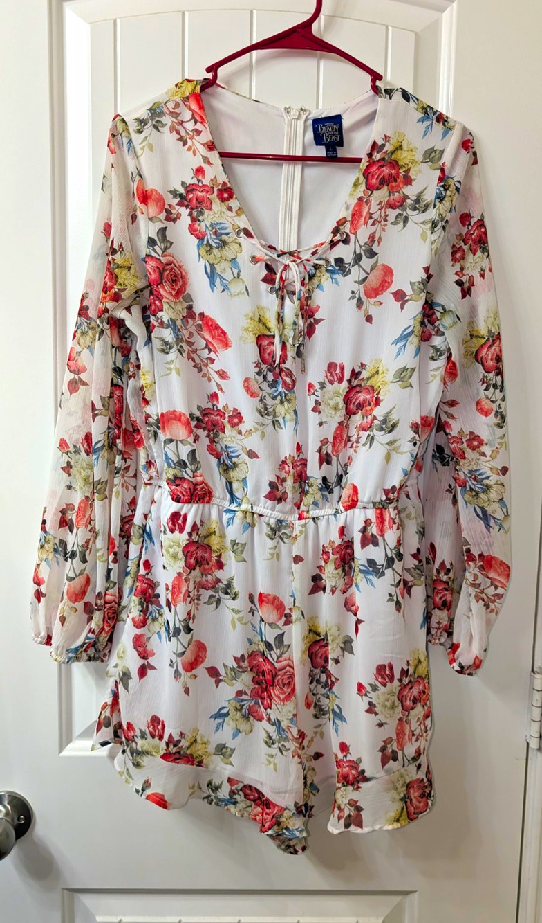 Disney Beauty and the Beast Women’s Floral V-Neck Lace-Up Lined Romper L